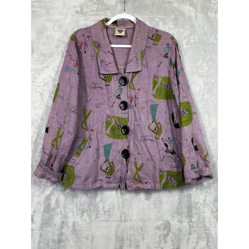 Momma USA Womens Large Linen Novelty Print Jacket Purple Mid Century Art to Wear